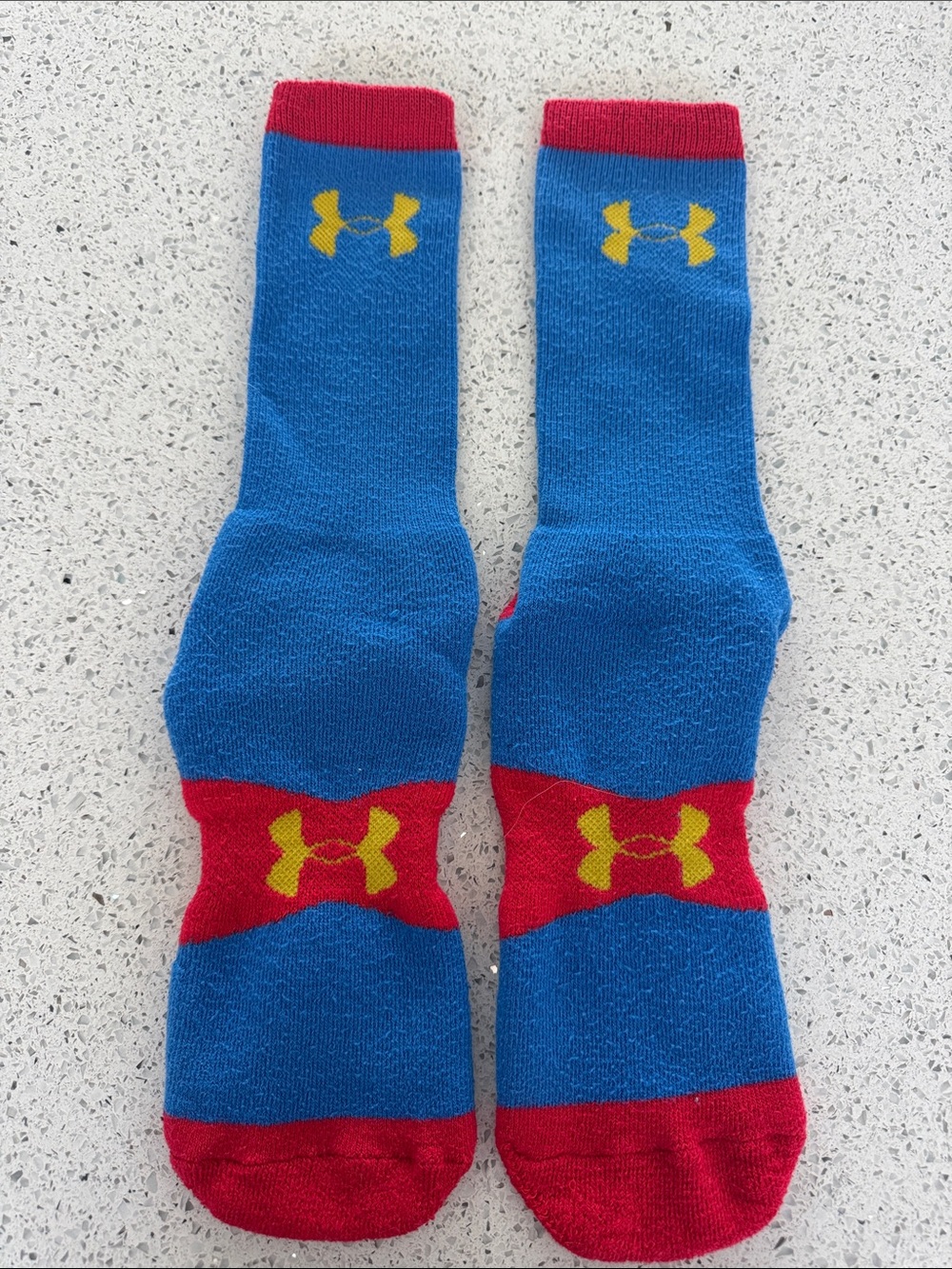 Under Armour Superman Blue Crew Socks with Red Accents and Yellow Logo
